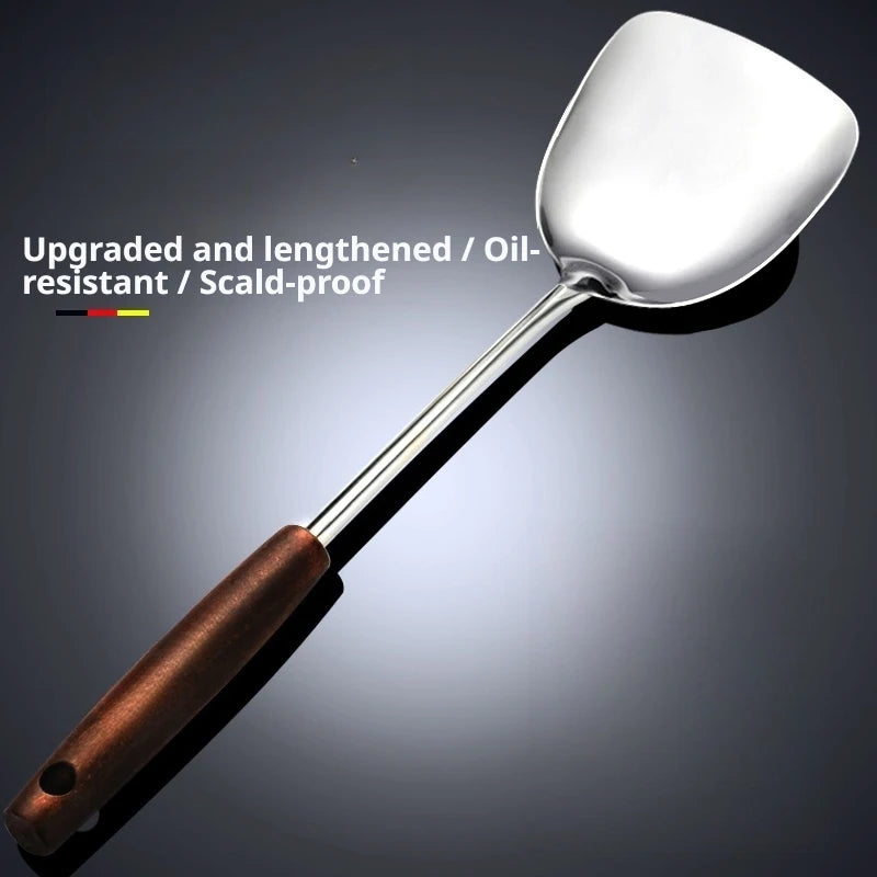 Stainless Steel Wooden Handled Kitchen Utensil Kit with Long Spatula Ladle Slotted Skimmer Spoon for Wok Stir Frying And Soup Co