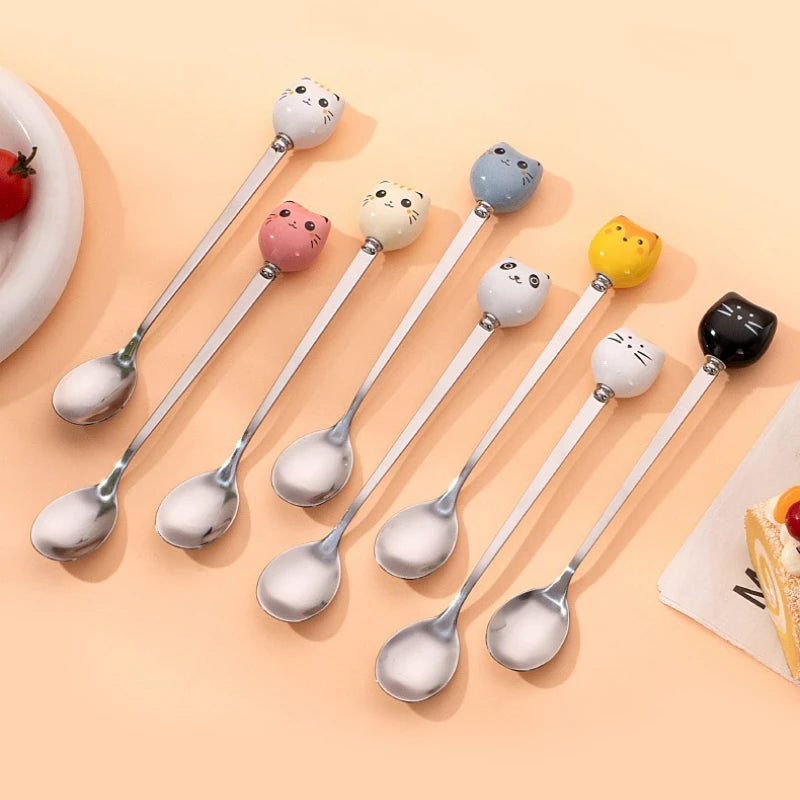 Coffee and Dessert Spoons Flatware Kitchen Tools Ice Cream Cartoon Stirring Spoon Stainless Steel Long Cat Handle Ceramic Spoon