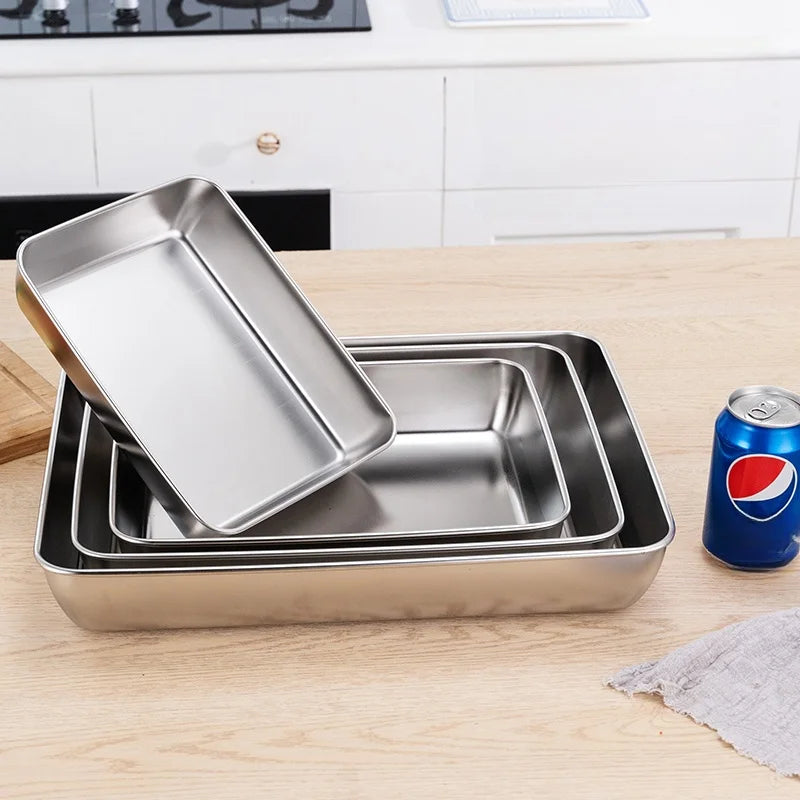 Stainless Steel Thickened Flat Bottom Rectangular Dish with Lid for Baking Steaming Dessert Dish Restaurant Fast Food Platter