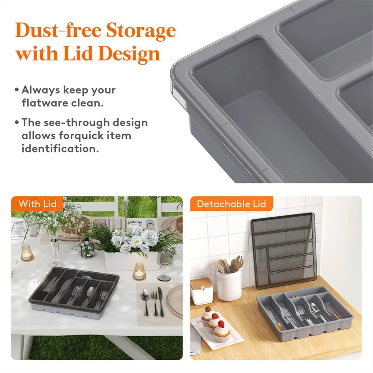 [CLOS] Silverware Organizer with Lid,Covered Utensil Tray for Kitchen Drawer and Countertop, Plastic Cutlery and Flatware Gray