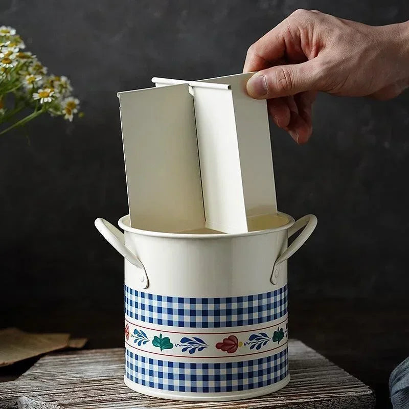 Retro Tableware Storage Bucket Draining Rack with Divider Kitchen Knife and Fork Storage Box Home Decoration for Kitchen Tools