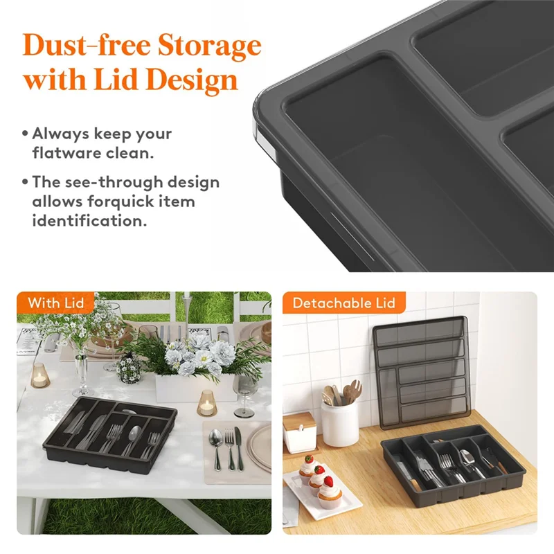 Y51A-Silverware Organizer With Lid,Covered Utensil Tray For Kitchen Drawer And Countertop, Plastic Cutlery And Flatware