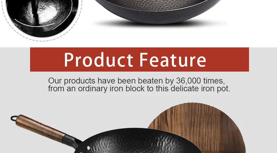 Konco Iron wok Cast iron pan Non-coated Pot General use for Gas and Induction Cooker 32cm Chinese Wok Cookware Pan Kitchen Tools