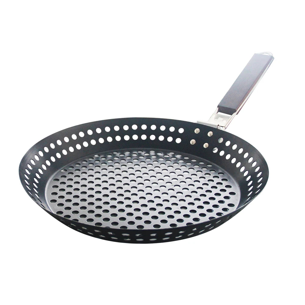 Grilling Skillet Non-stick Metal Folding Wooden Handle with Holes Removable Handle for Outdoor Grill Topper Barbecue Pan