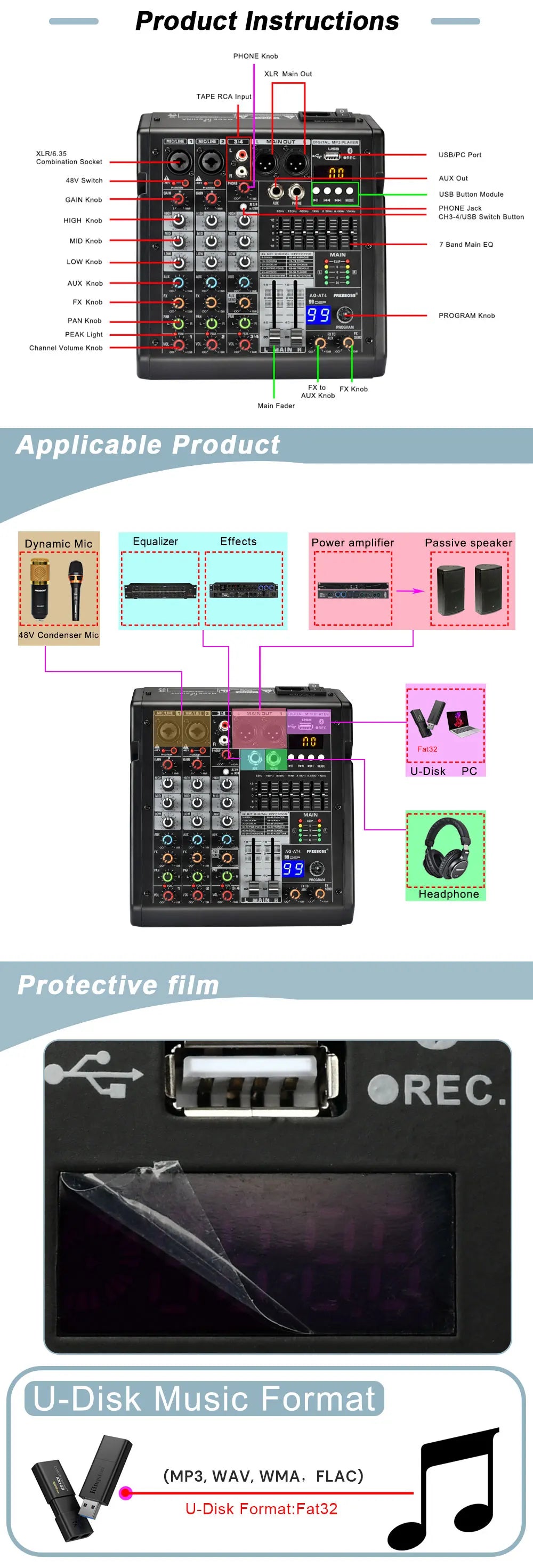 Freeboss Audio Mixer 4 Channels 99 Effect USB Mixing Console PC Record Bluetooth Studio 48V Sound Table Karaoke Mix Desk AG-AT4