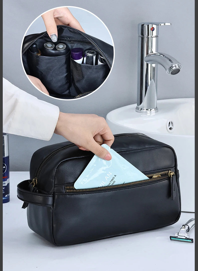 Men Business Travel Wash Toiletry Bag Waterproof PU Leather Bathroom Shaving Tools Organizer Bag Makeup Pouch Women Cosmetic Bag