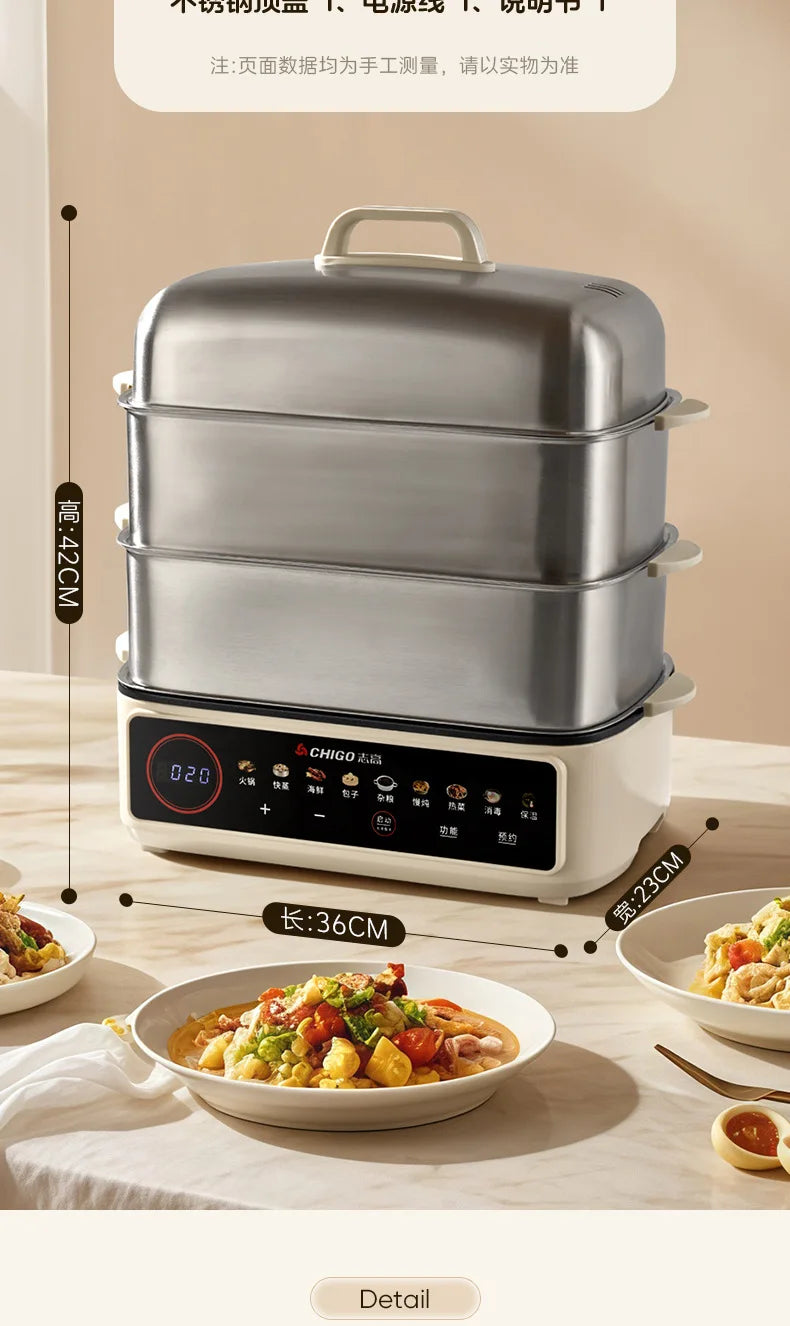 Full Steel Electric Steamer, 3-Layer Multi-Function Cooker for Home, Smart Timer, LCD Screen, Anti-Corrosion and Easy Cleaning