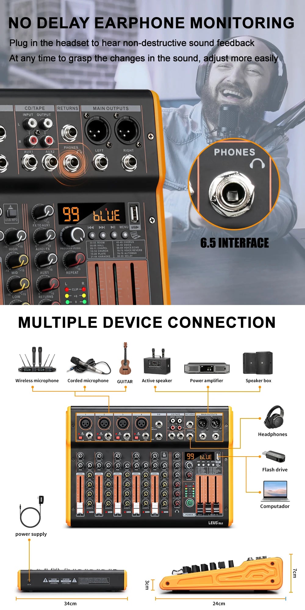 LEUS BL4/6 Channel 99 DSP Effect Audio Mixer Record PC 48V Phantom Power USB Sound Mixers Bluetooth DJ Console Mixing for Karaok