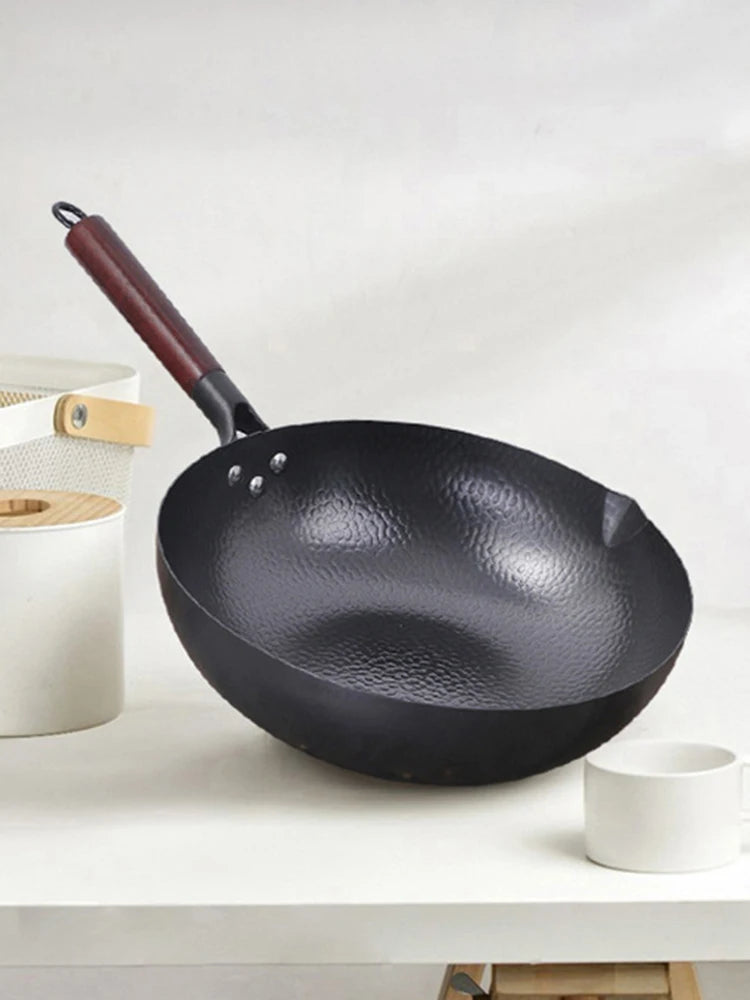 Pure Iron wok cast iron pan Non-coated Pot General use for Gas and Induction Cooker 32cm Chinese Wok Cookware Pan