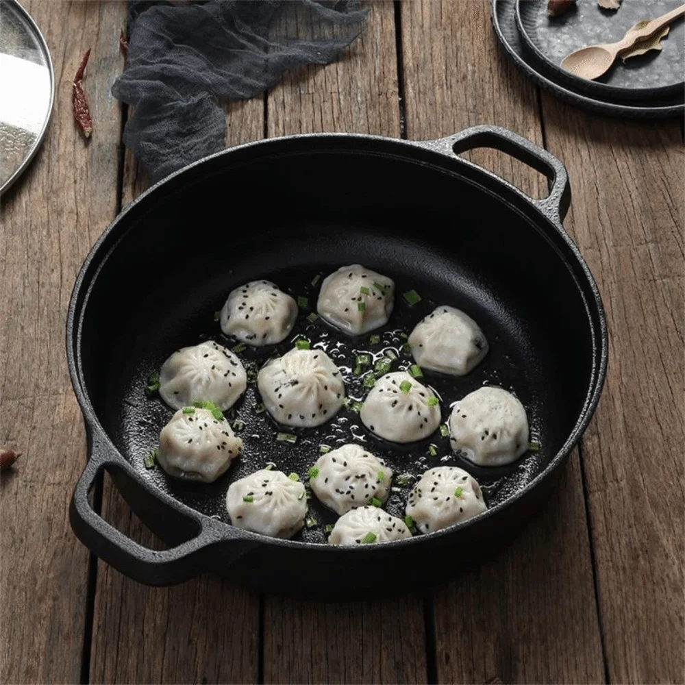 Kitchen Cookware Non-Stick Cast Iron Skillet Flat Bottomed Double Handle Frying Pan Thickened Non-coated Wok Outdoor