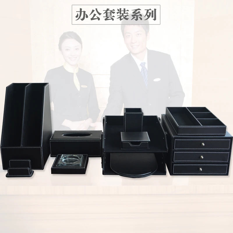 High-End Business Leather Office Supplies Set, Pen Holder, Desktop File Cabinet, Desktop Storage Box