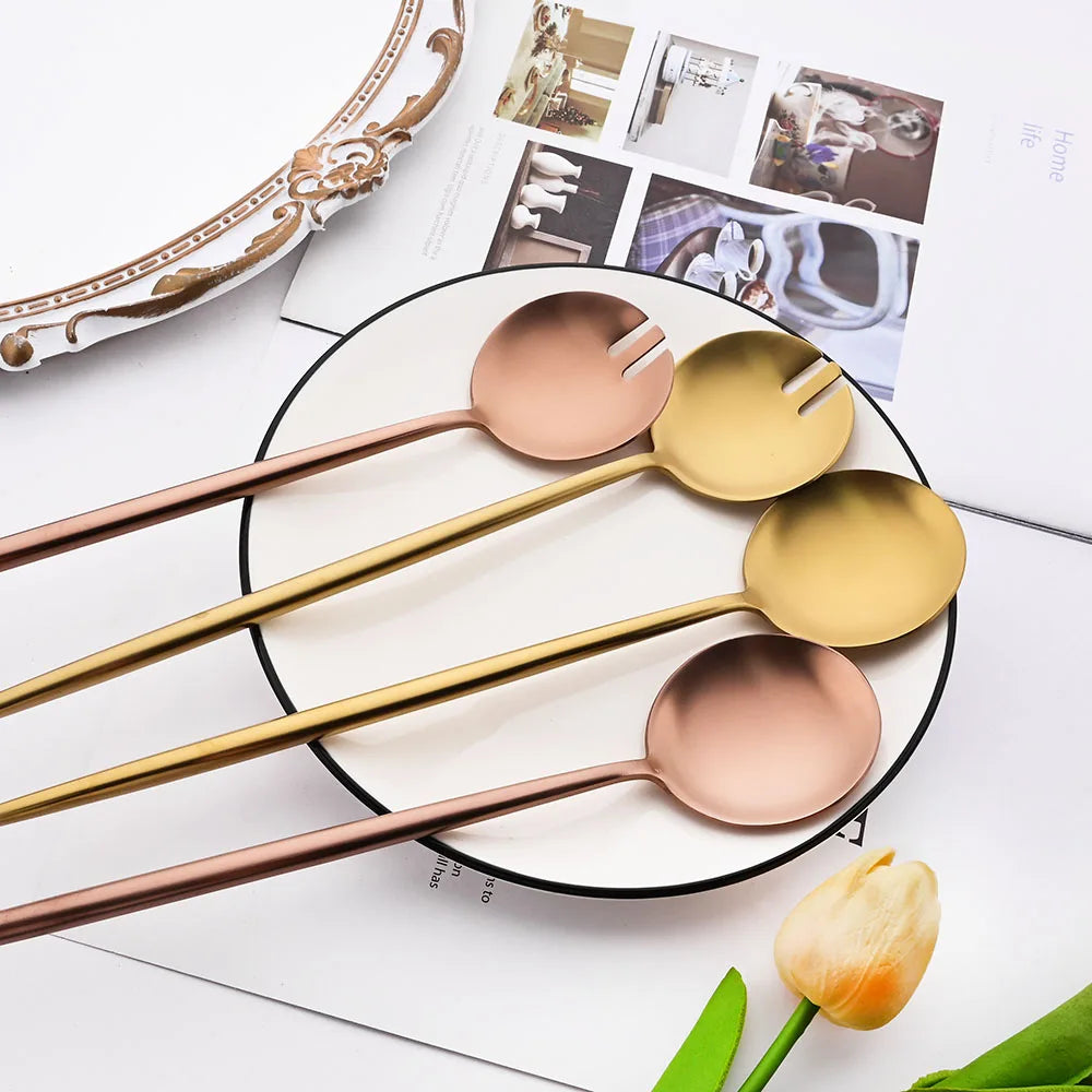 Serving Salad Spoon 2Pcs Black Salad Spoon Fork Set Long Handle Cutlery Set Stainless Steel Kitchenware Scoop Server Salad Set