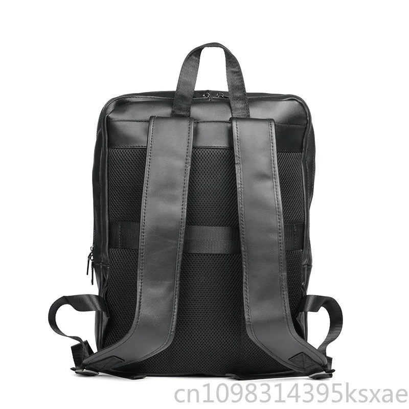 Men's 15.6 Inch Business Laptop Backpack Black Premium Cowhide Leather for Commuter Casual Student Office Travel