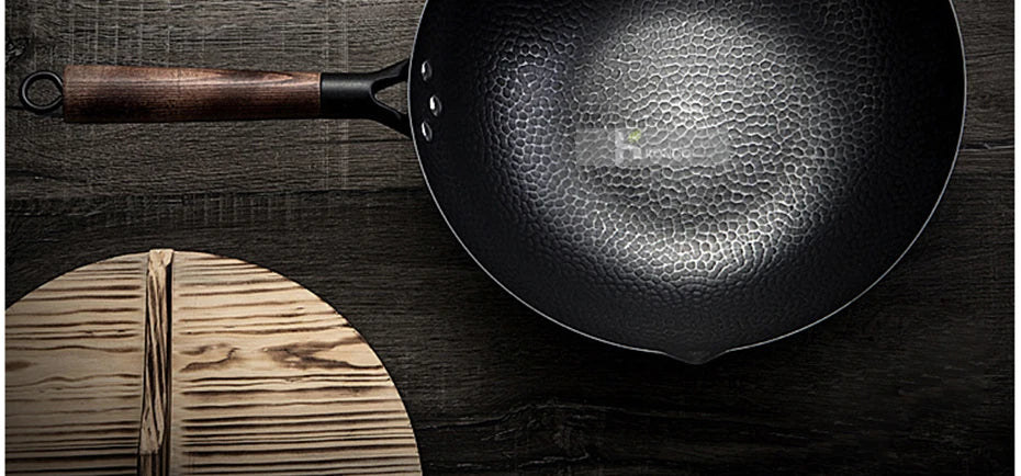 Konco Iron wok Cast iron pan Non-coated Pot General use for Gas and Induction Cooker 32cm Chinese Wok Cookware Pan Kitchen Tools