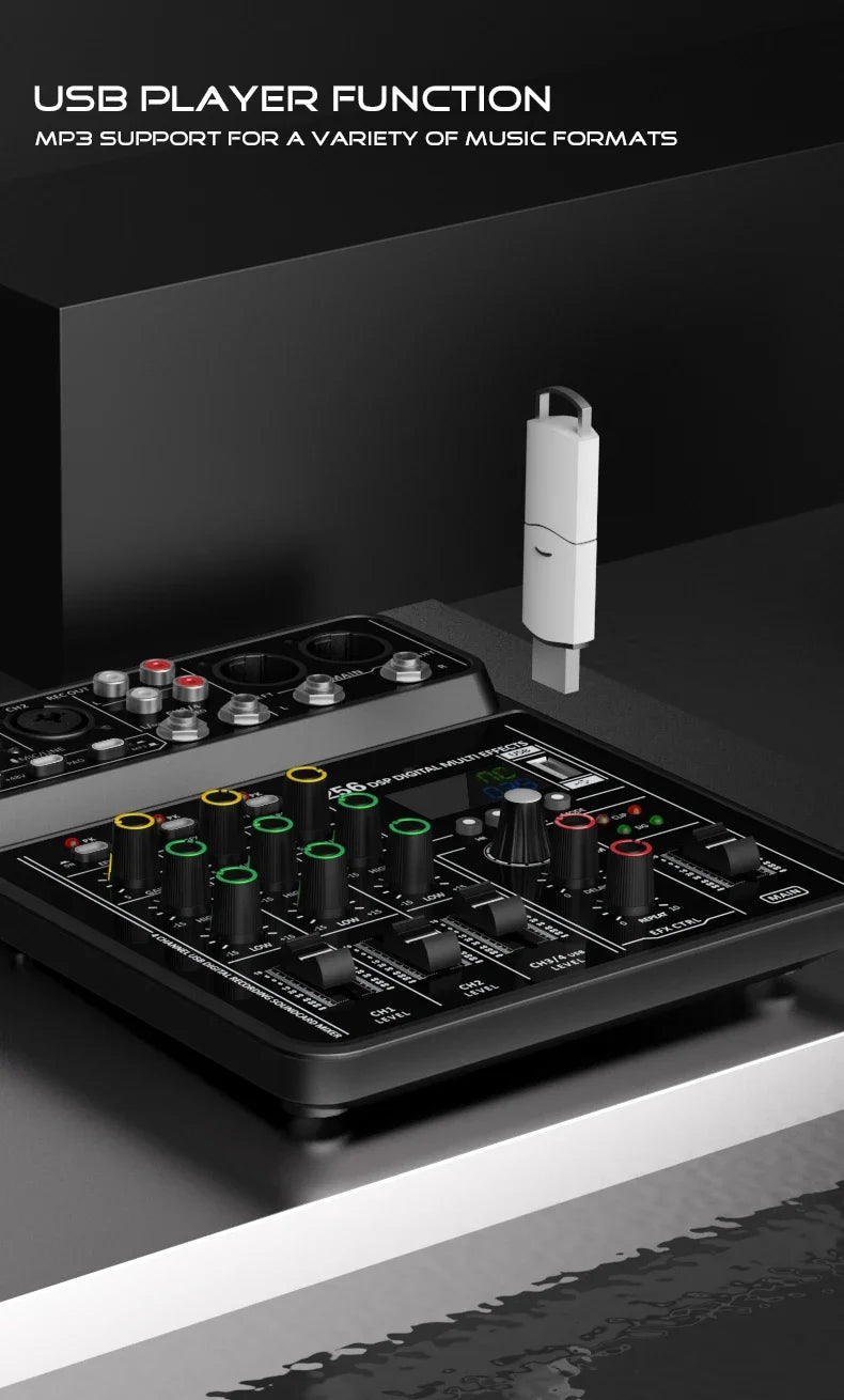 Audio Interface Mixer with Bluetooth USB Recording Computer 48V Phantom Power Delay Replay Effects, 4-Channel Audio Mixer ﻿