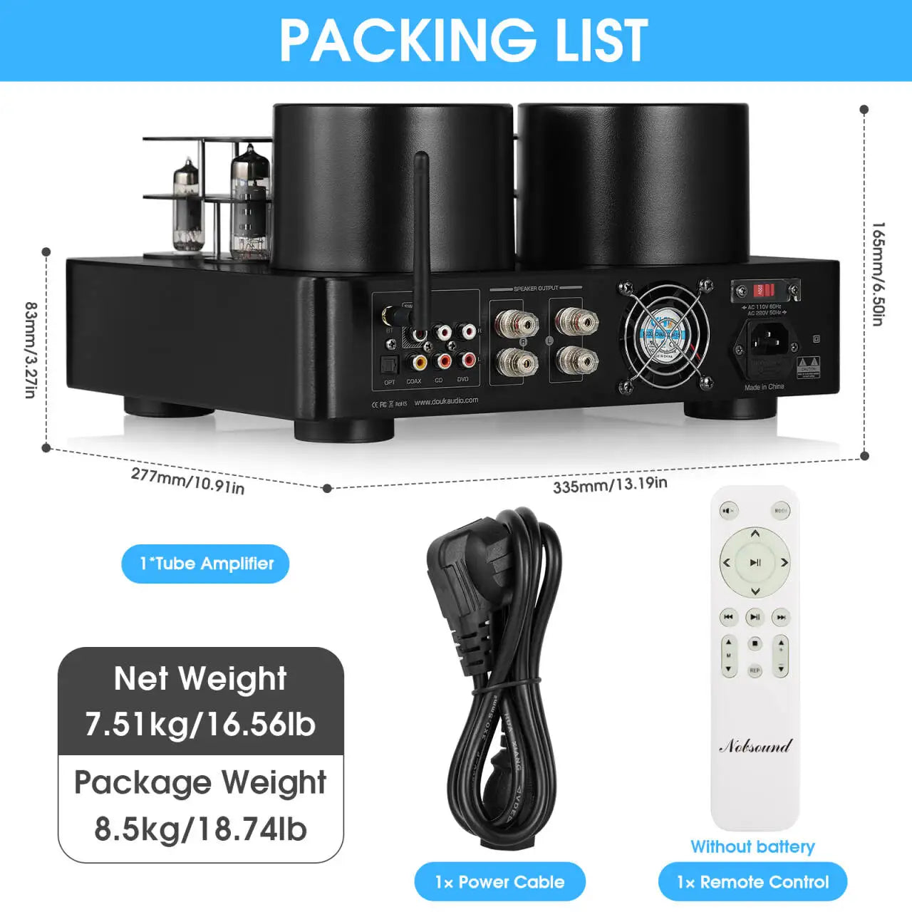 Nobsound HiFi Hybird Stereo Valve Tube Amplifier Bluetooth 5.0 Audio Receiver COAX / OPT Power Amp USB Player