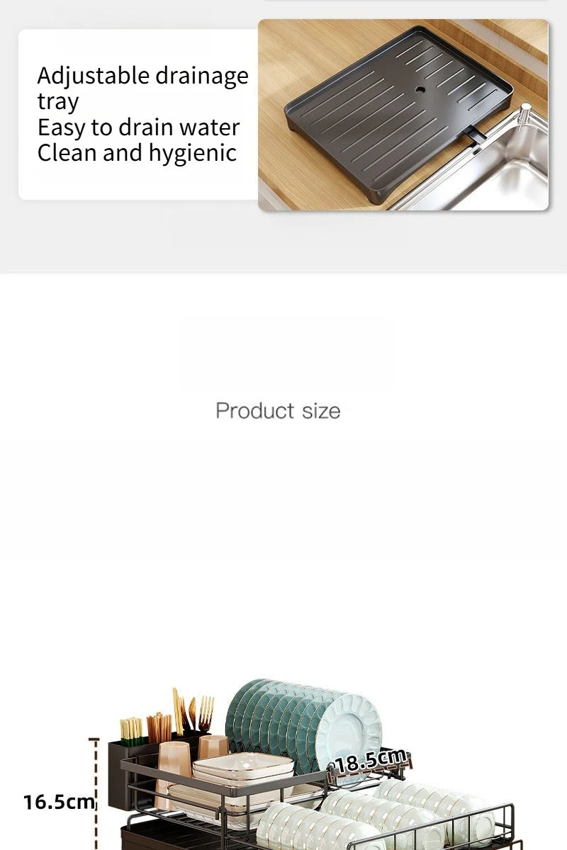 Kitchen Storage Rack, Foldable and Pull-out Cutlery Storage Platform, Double-layer Drain Basket, Bowl and Plate Storage Rack
