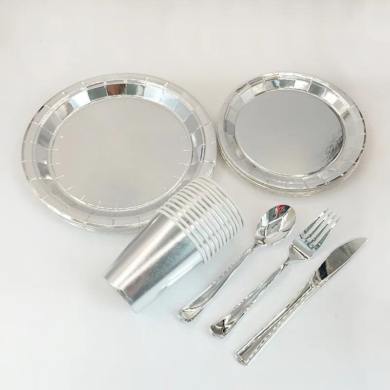 Silver Paper Plates Banner Tablecloth Birthday Party Decor Disposable Tableware Set Baby Shower Wedding Bachelor Party Supplies
