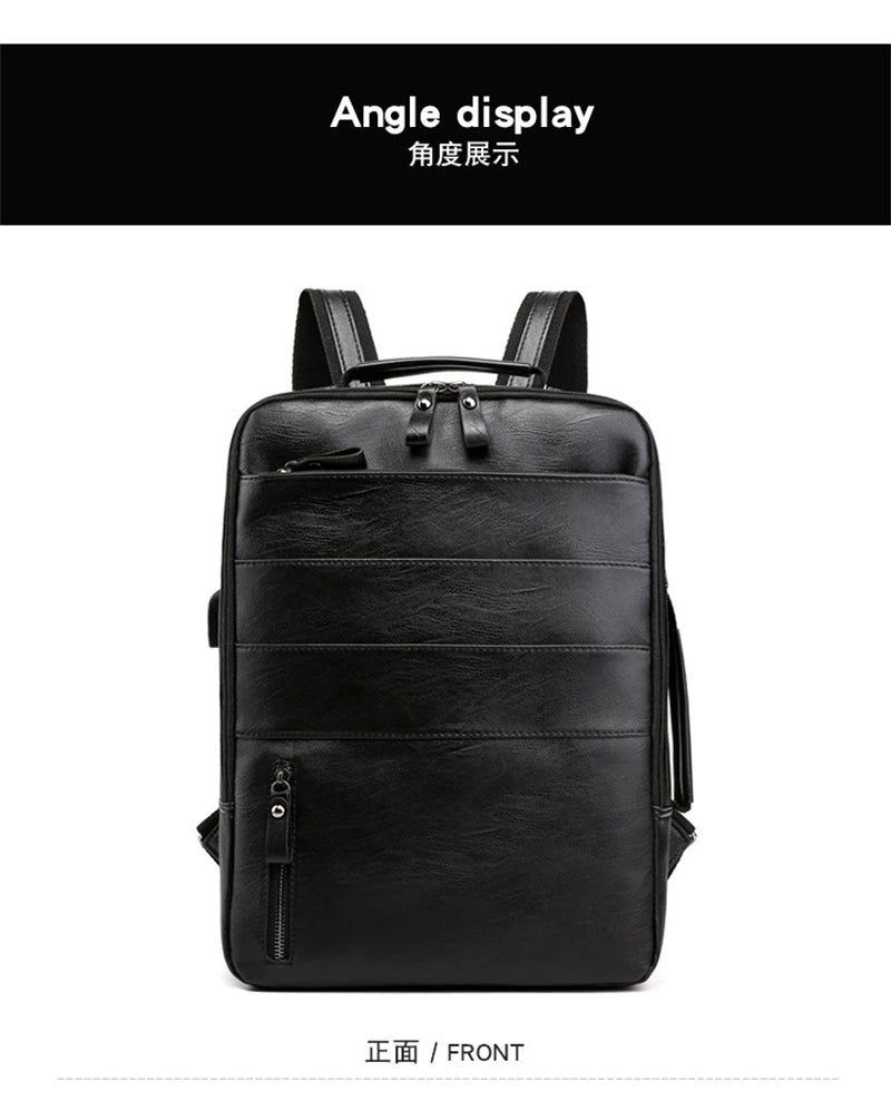 Business Backpacks For Men Waterproof PU Leather Laptop Bag Large Capacity USB Charging Rucksack Male Fashion Travel Bagpack sac