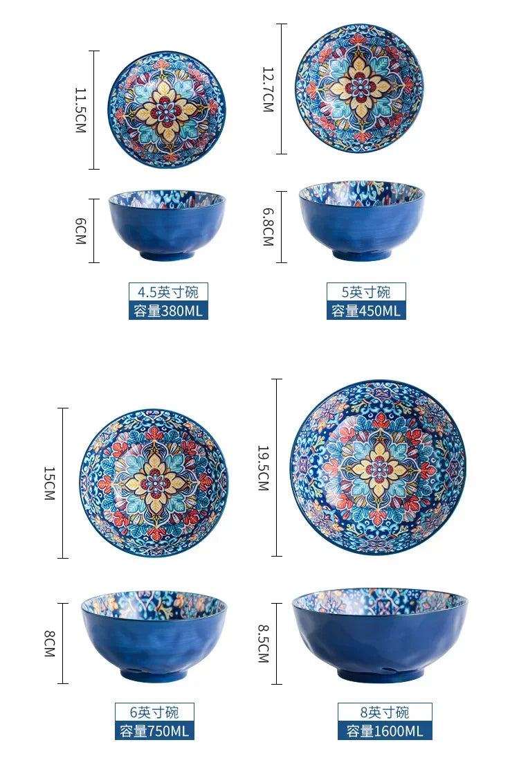 Bohemia Ceramic Rice Bowl Serving Plate Creative Ceramic Cutlery Soup Noodle Bowl Household Handle Bowl Sauce Dish