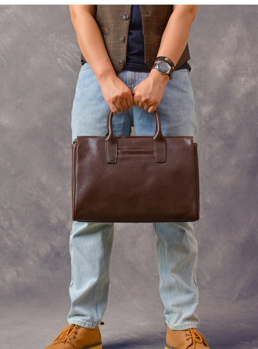 Business vintage genuine leather men's briefcase organizer designer handmade real cow leather women's handbag work postman bag