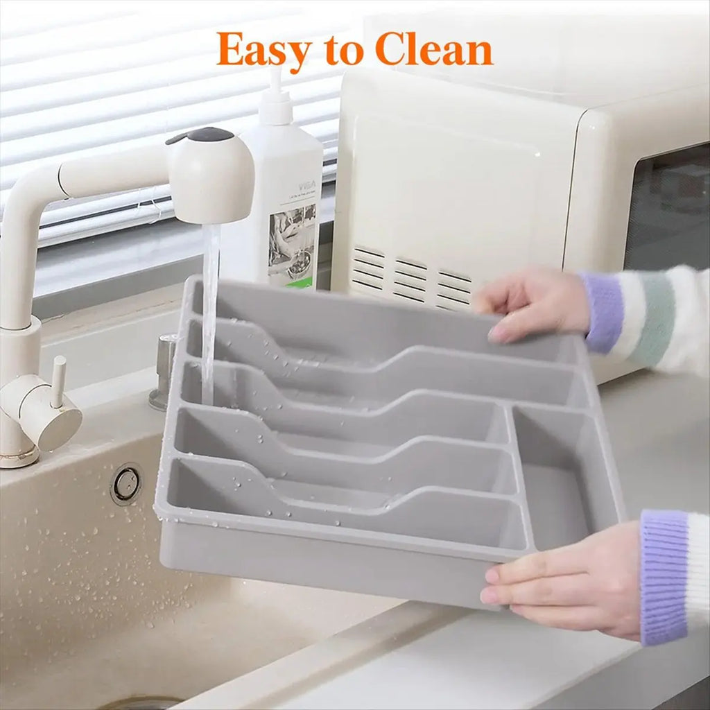 [CLOS] Silverware Organizer with Lid,Covered Utensil Tray for Kitchen Drawer and Countertop, Plastic Cutlery and Flatware Gray