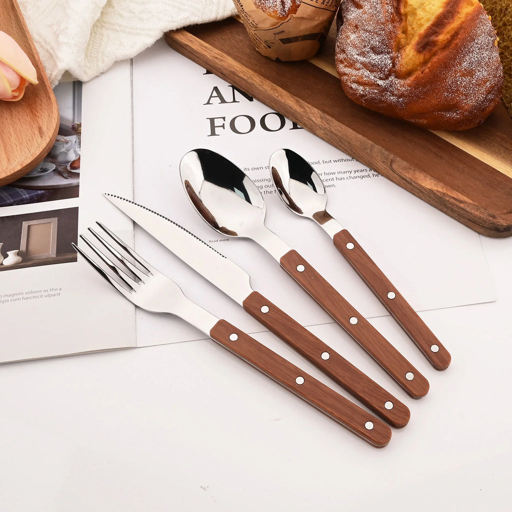 5/20Pcs Imitative Wood Silver Dinnerware Set Western Knife Fork Spoons Set Mirror Stainless Steel Cutlery Kitchen Silverware Set