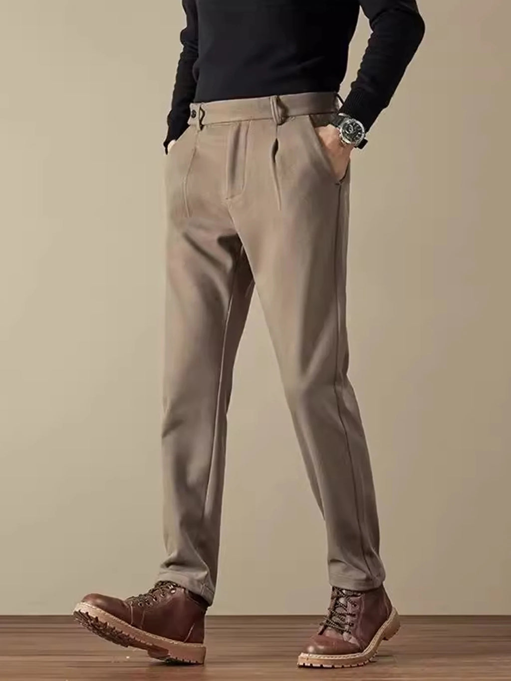 Business Casual Men's Brushed Khakis Straight Leg Long Pants Lightweight Luxury Wool Trousers Autumn Winter New Arrival