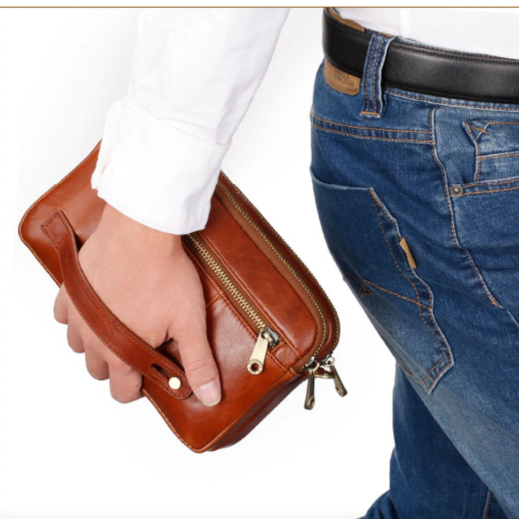 Men's Genuine Leather Fashion Business Clutch Bag, Stylish Retro Wristlet, Coin Purse, Wallet, Work Handbag, Mobile Phone Day Bag, Daily Commute Gift for Husband