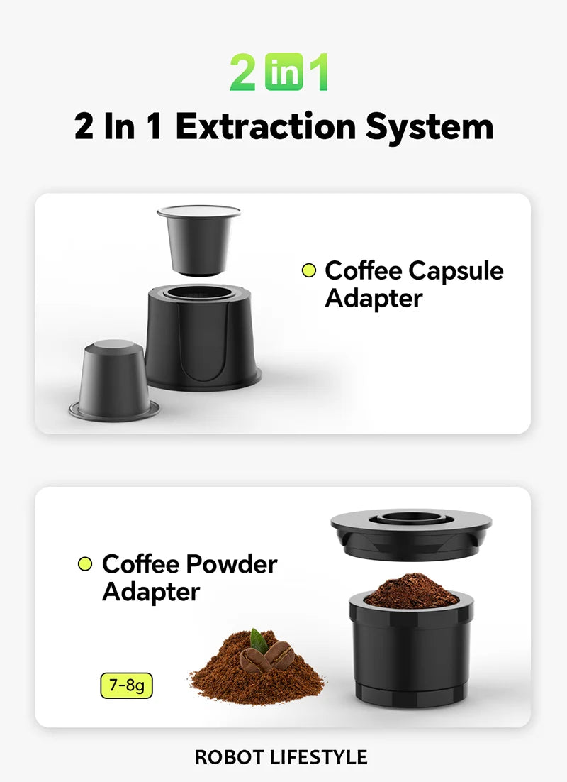 2-In-1 Portable Coffee Maker Fit Capsule Coffee Powder 1800mAh Battery for Outdoor Camping Travel Hotel Office