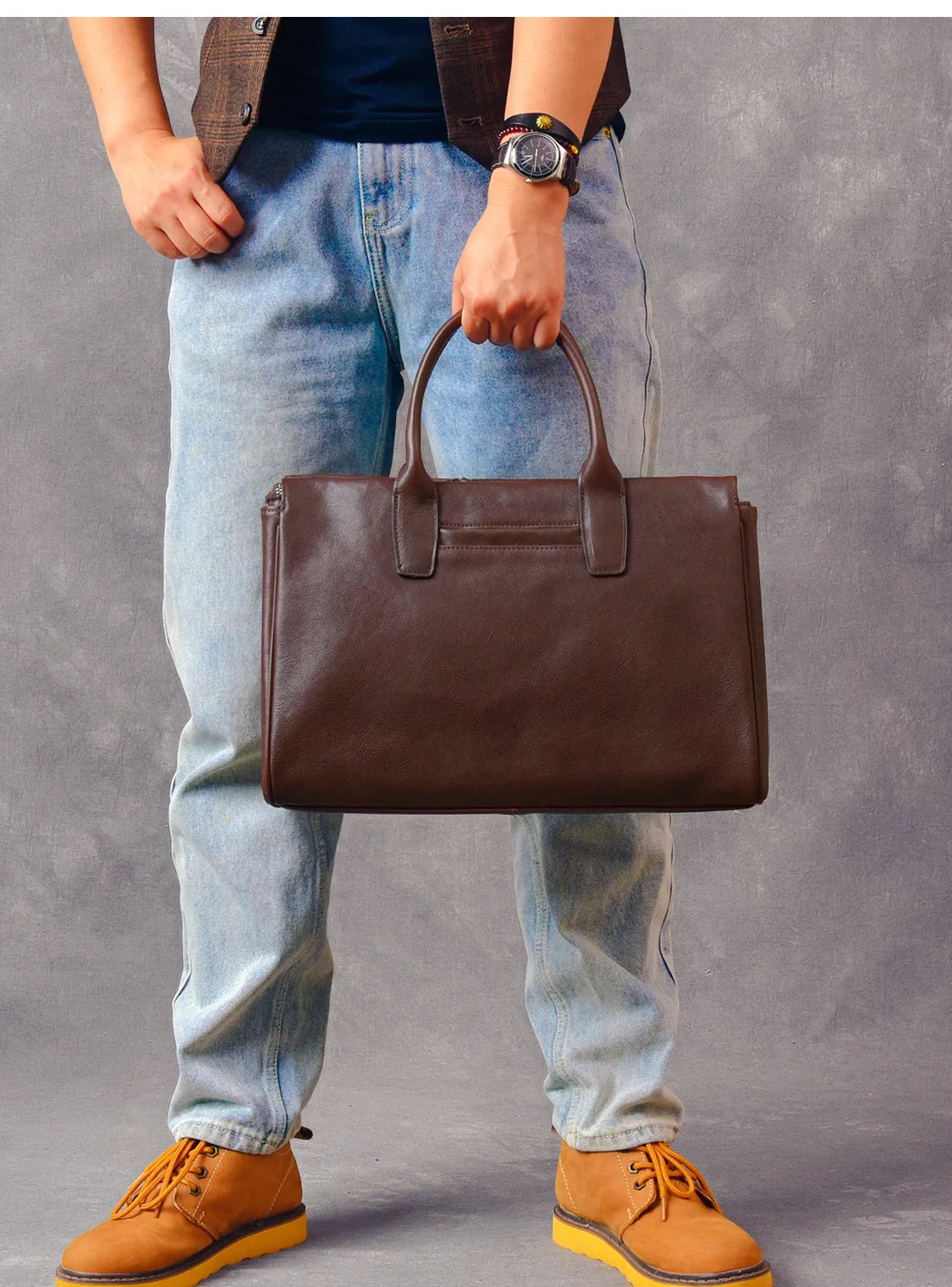 Business vintage genuine leather men's briefcase organizer designer handmade real cow leather women's handbag work postman bag