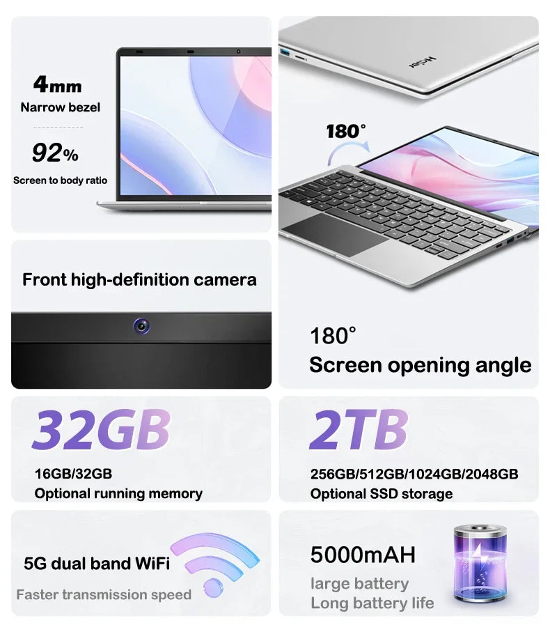 Fine 14.1'' Laptop with Intel 4405U,120Hz FHD IPS Screen,32GB RAM,2TB SSD,5000mAh Backlit Keyboard