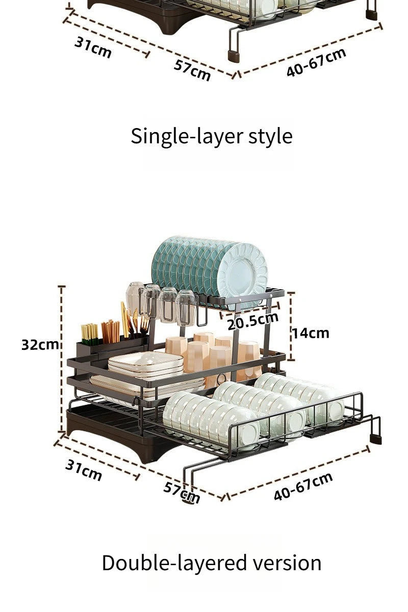 Kitchen Storage Rack, Foldable and Pull-out Cutlery Storage Platform, Double-layer Drain Basket, Bowl and Plate Storage Rack