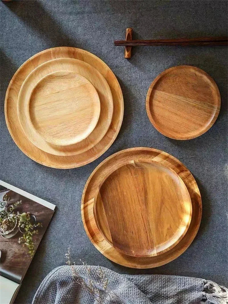15/20/25cm Wooden Round Serving Platter Tray Retro Wood Pizza Salad Plate Fruit Dessert Tray Bread Cake Container Snacks Dish