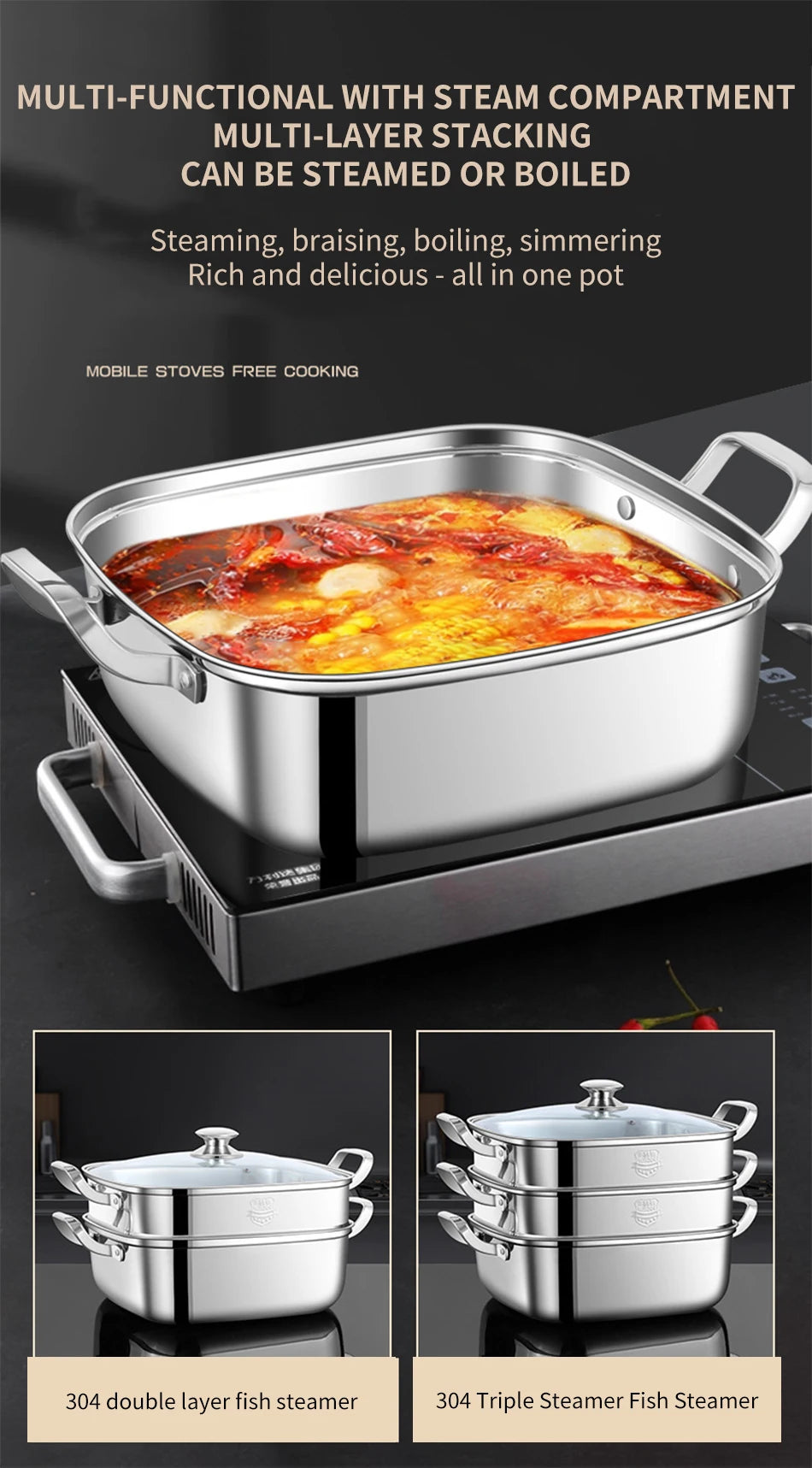 Household Square Steamer 316 Stainless Steel Thickened Three-Layer Steamer Tray Multifunctional for Gas & Electromagnetic Use