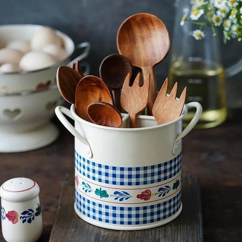 Retro Tableware Storage Bucket Draining Rack with Divider Kitchen Knife and Fork Storage Box Home Decoration for Kitchen Tools