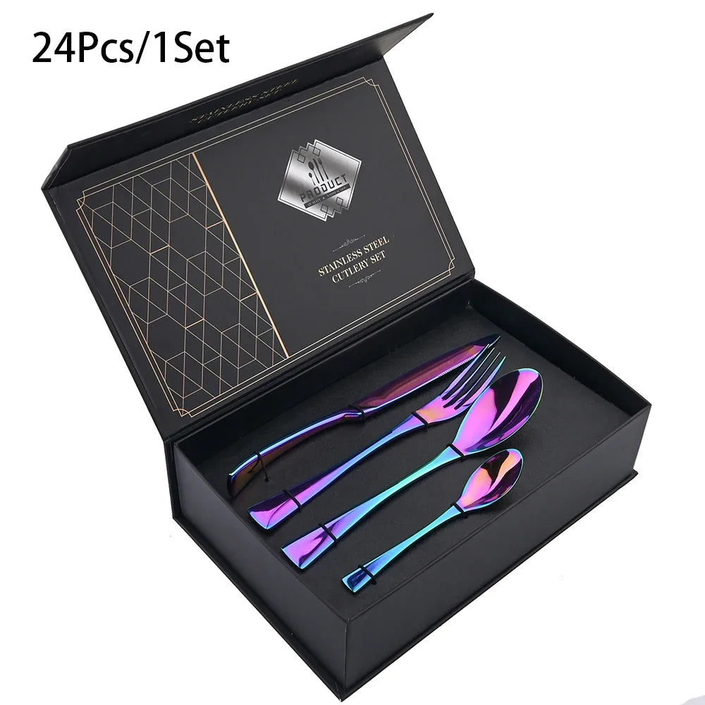 24Pcs/Set  Cutlery Sets 304 Stainless Steel mirror Tableware Knife Forks Spoons Silverware Dinnerware Kitchen Flatware Gift Box