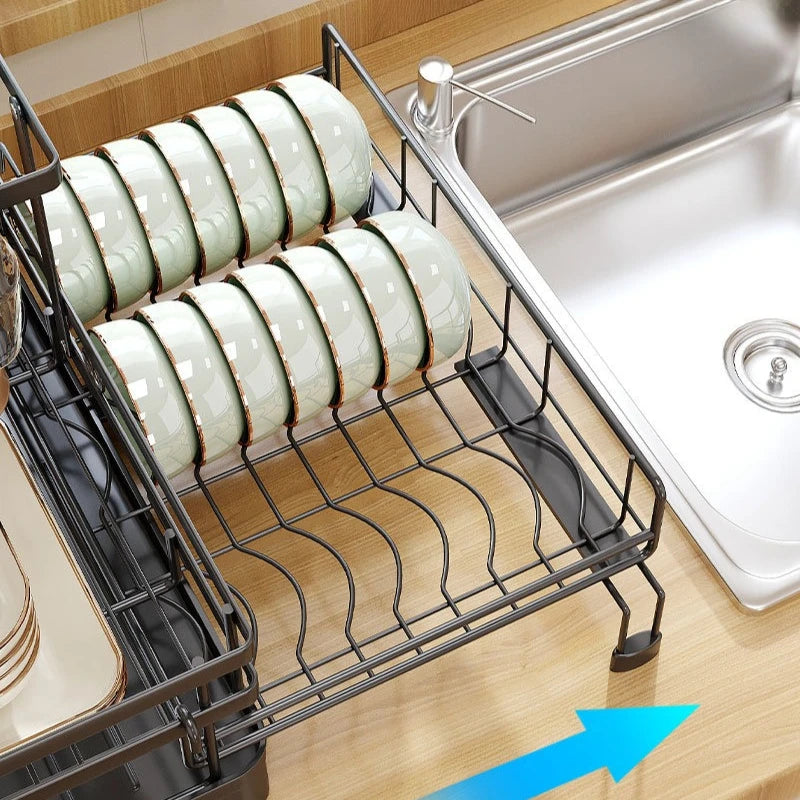 Kitchen Storage Rack, Foldable and Pull-out Cutlery Storage Platform, Double-layer Drain Basket, Bowl and Plate Storage Rack