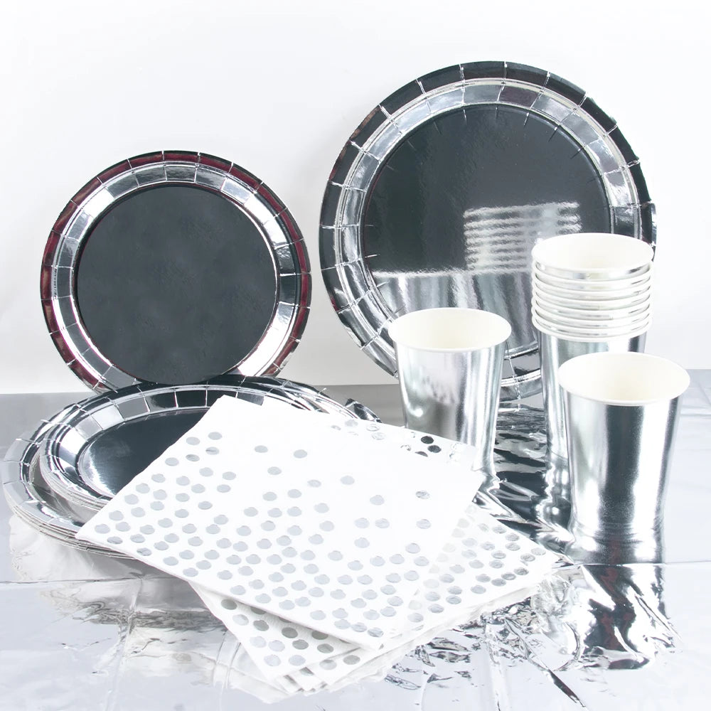 Silver Disposable Tableware DIY Cups Plates Napkins Tablecloth Birthday Party Adult Wedding Baby Shower Decorations Supplies