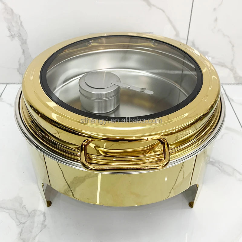 6l Restaurant Round Gold Roll Top Hydraulic Chafing Dishes Buffet Hotel Food Warmer Food Heater for Catering