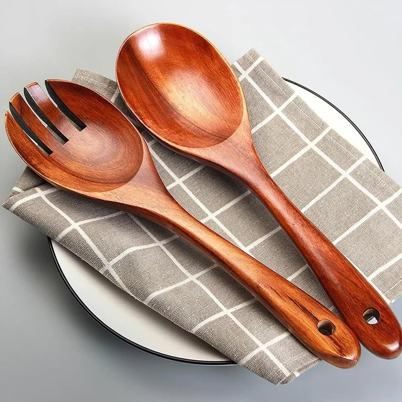 2Pcs Wooden Salad Spoons Acacia Salad Tongs Durable Wood Salad Mixing Dinner Fork And Spoon Long Handle Salad Server Spoons Set