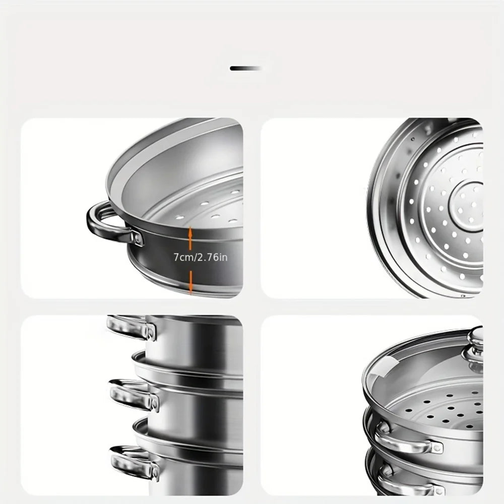 1pc 2/3 three-layer Stainless Steel Steamer, Thickened Material, Durable And Easy To Wash!