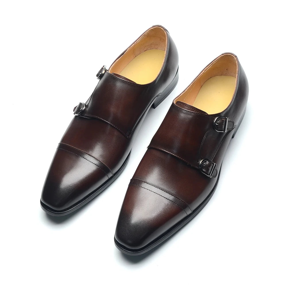 Luxury Men's Business Dress Shoes Genuine Leather Monk Strap Buckle Handmade Italian Brown Black Office Suit Formal Shoes Man