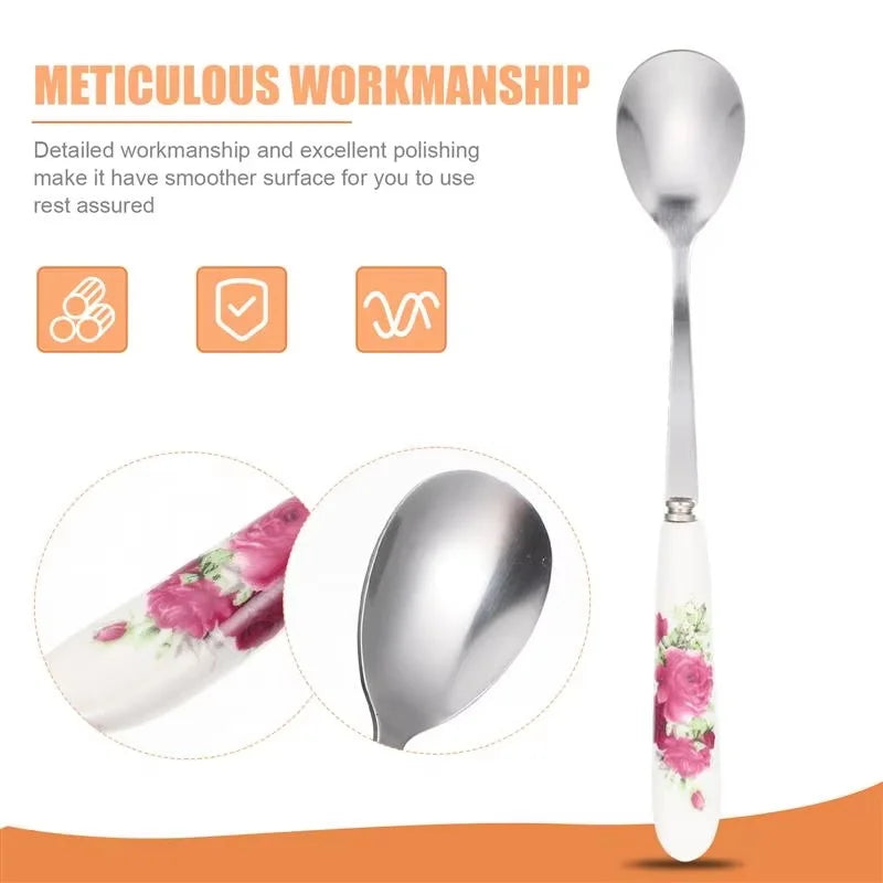 6pcs Stainless Steel Coffee Spoons With Ceramic Handles - Perfect For Mixing, Sugar, Ice Cream Kitchen & Dining Accessories