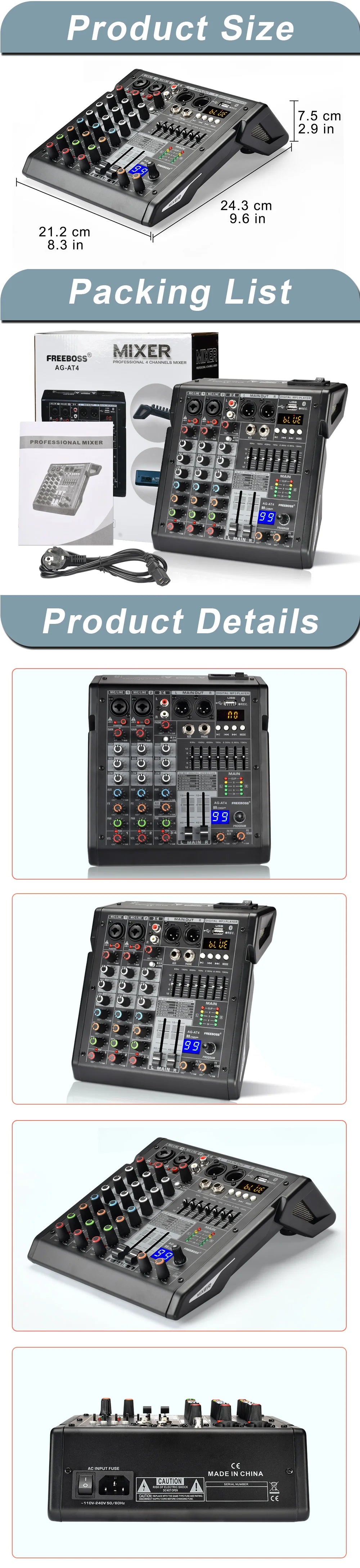 Freeboss Audio Mixer 4 Channels 99 Effect USB Mixing Console PC Record Bluetooth Studio 48V Sound Table Karaoke Mix Desk AG-AT4