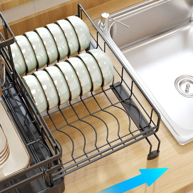 Kitchen Storage Rack, Foldable and Pull-out Cutlery Storage Platform, Double-layer Drain Basket, Bowl and Plate Storage Rack
