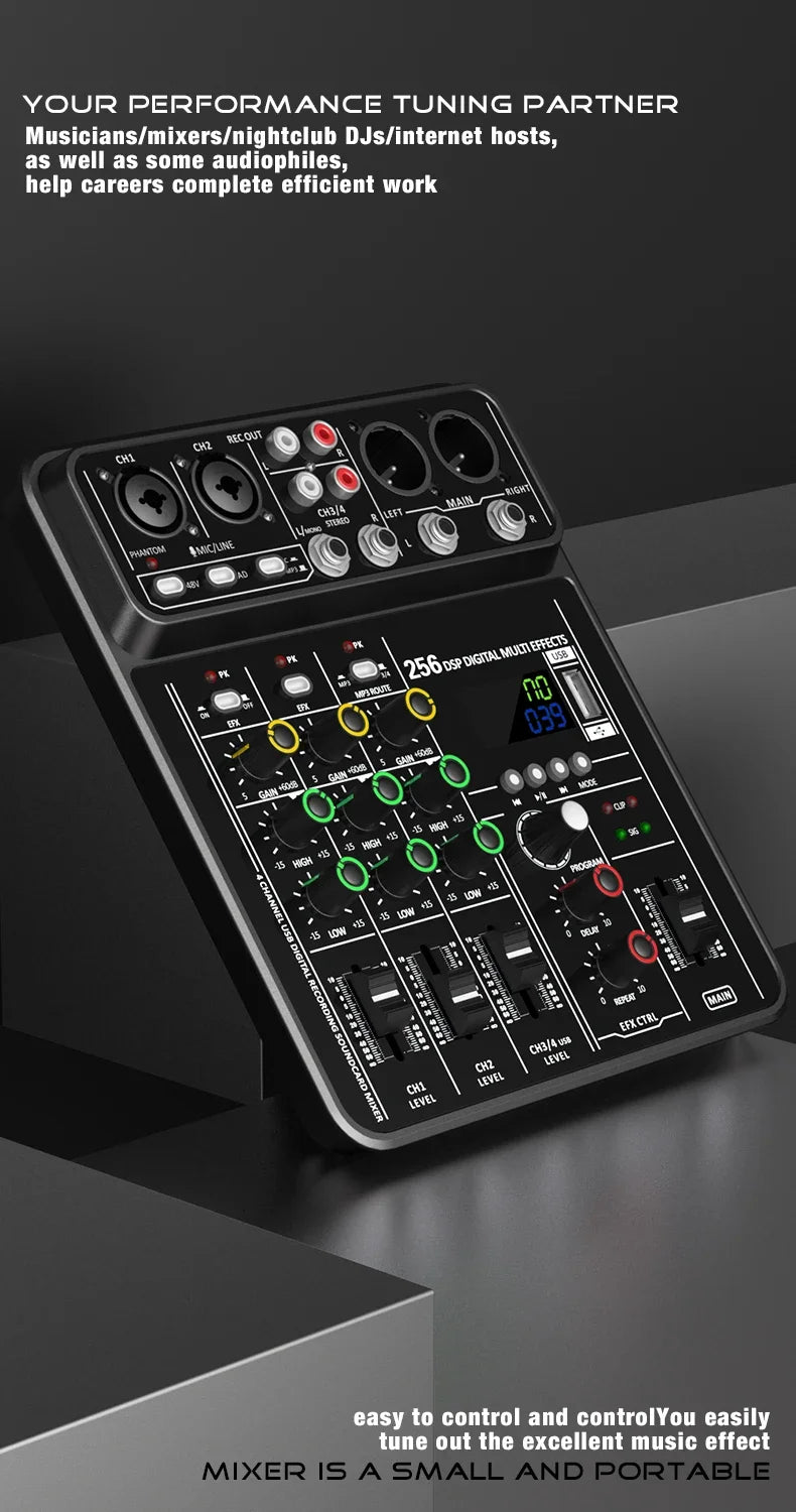 Audio Interface Mixer with Bluetooth USB Recording Computer 48V Phantom Power Delay Replay Effects, 4-Channel Audio Mixer ﻿