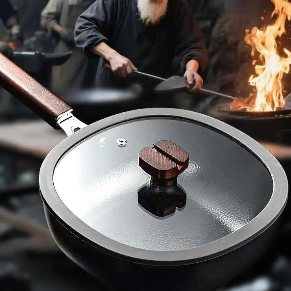 Cookware Refined Iron Square Frying Pan No Coating Flat Bottomed Stir Fry Pot with Visible Cover Wood Handle Wok Restaurant