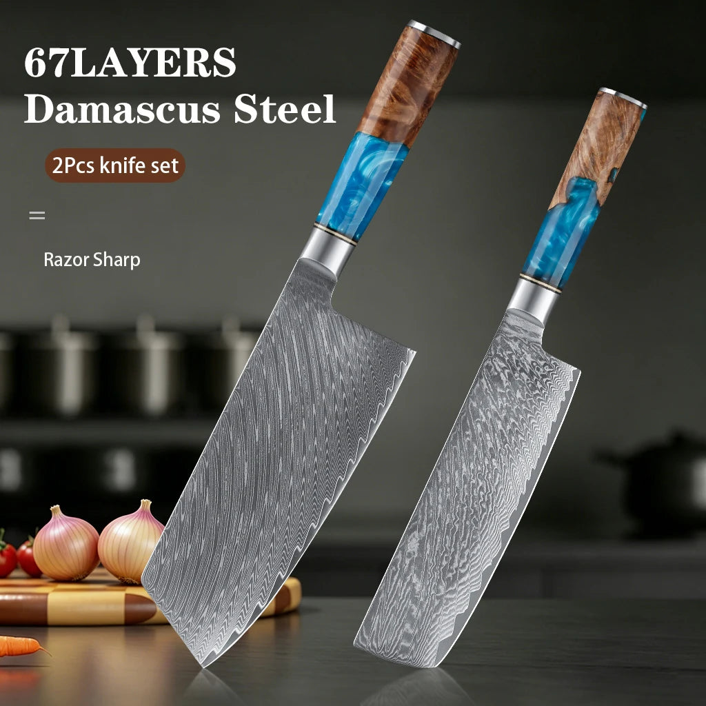 Kitchen Knives-Set Damascus Steel Cleaver Knife Nakiri Knife Meat Vegetable Blue Resin Handle set