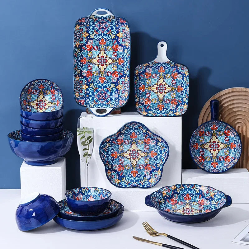 Bohemia Ceramic Rice Bowl Serving Plate Creative Ceramic Cutlery Soup Noodle Bowl Household Handle Bowl Sauce Dish
